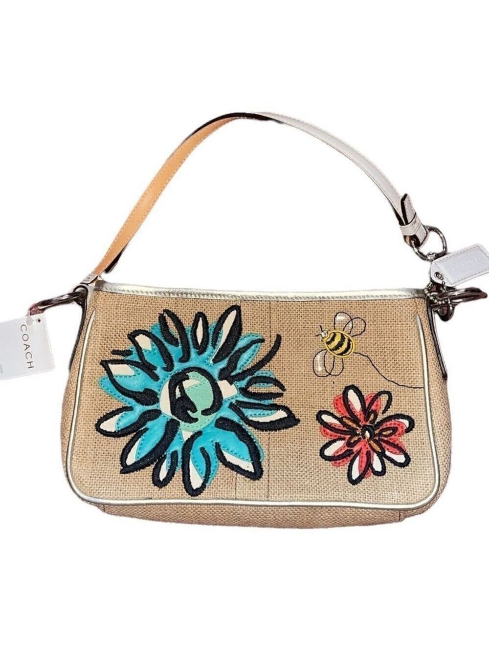 COACH | Cream Woven Flower & Bee Mini Shoulder Bag Purse